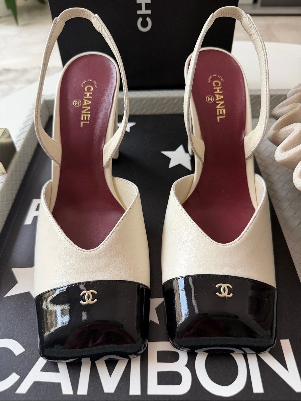 Chanel 26S Blazy Ivory Ecru Black Square Cap Toe Sling CC Slingback Heel Pump 40